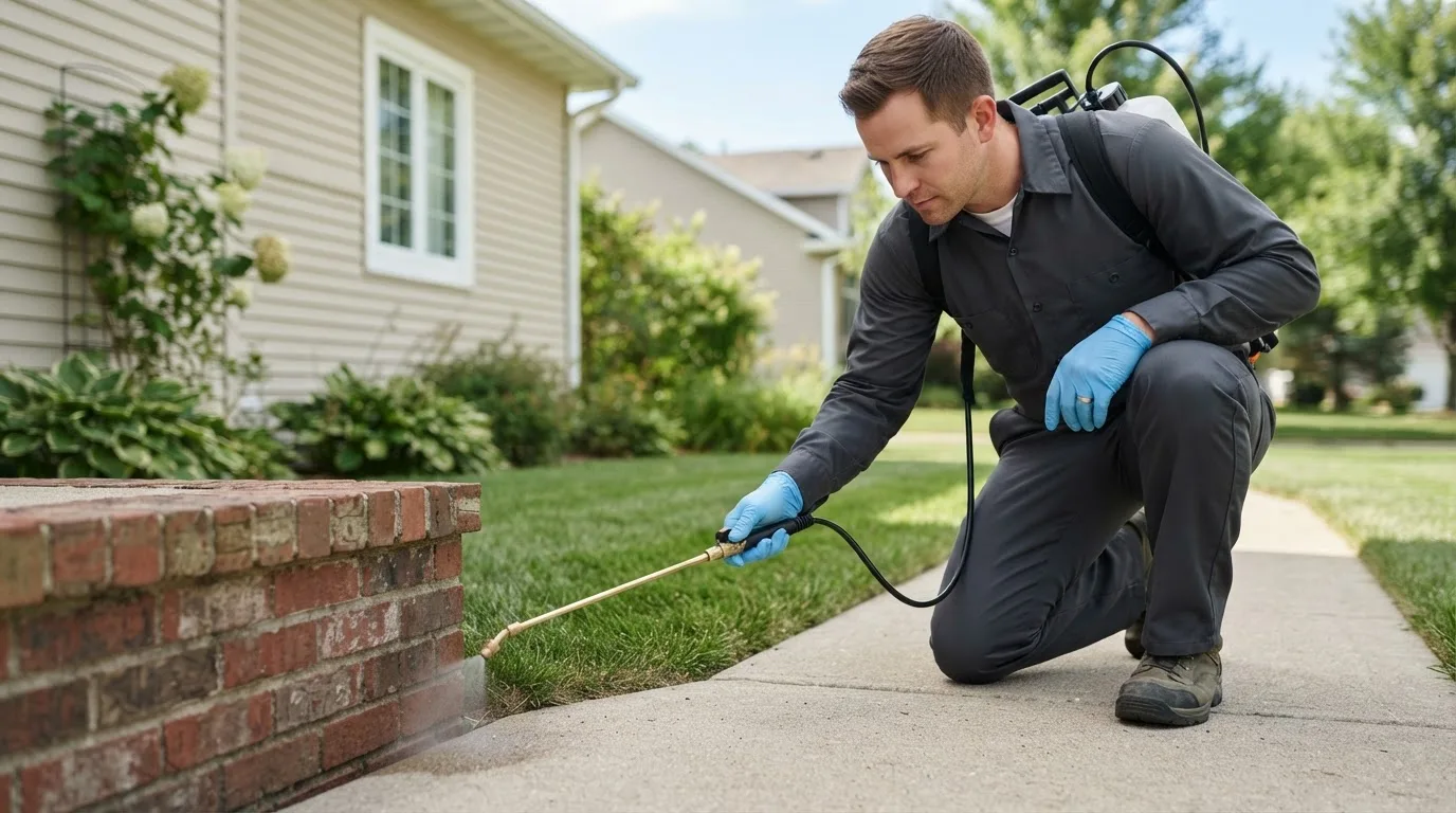 Pest control technician treating a home near Littleton, NC
